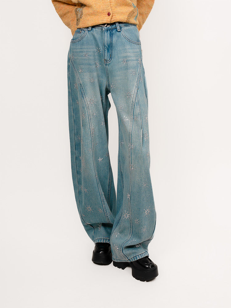 TCH Starry Rhinestone Wide-Leg Denim Pants