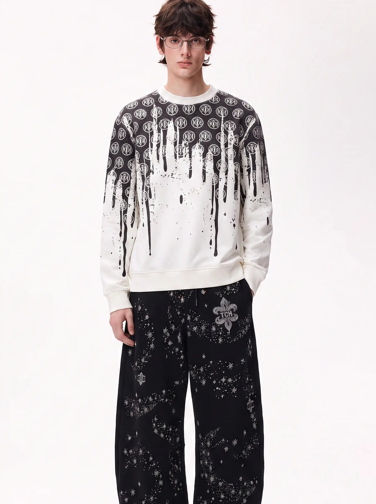 TCH Rhinestone Fleur-de-Lis Starburst Wide-Leg Sweatpants