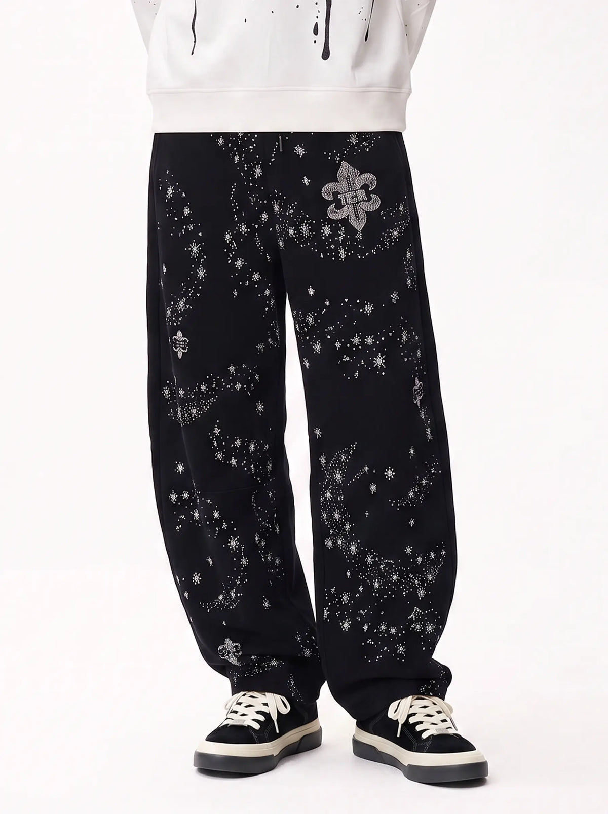 TCH Rhinestone Fleur-de-Lis Starburst Wide-Leg Sweatpants