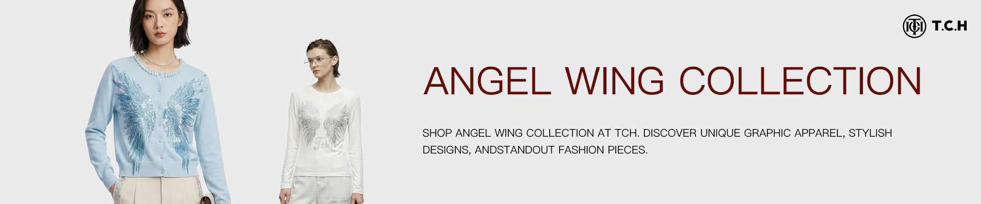 Two women wearing angel wing-themed clothing with 'Angel Wing Collection' text and TCH logo.