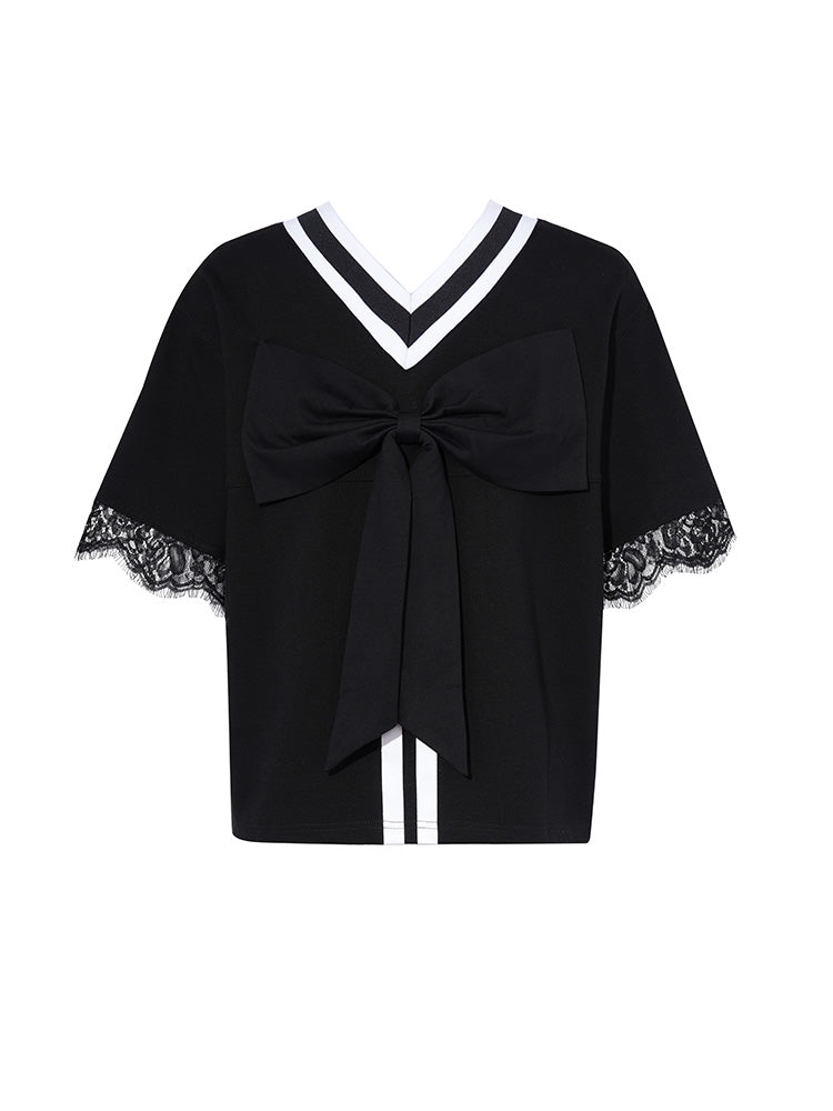 TCH Prasale Bow Rhinestone Lace Contrast Blouse