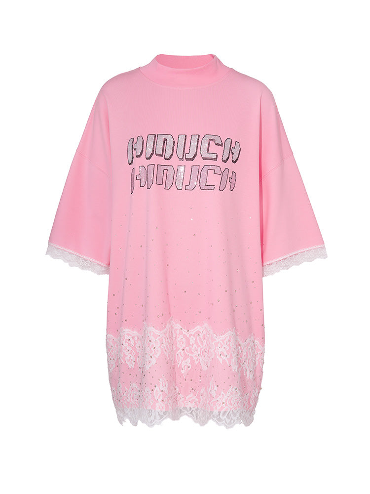 TCH Presale Letter Rhinestone Contrast Lace T Shirt Dress