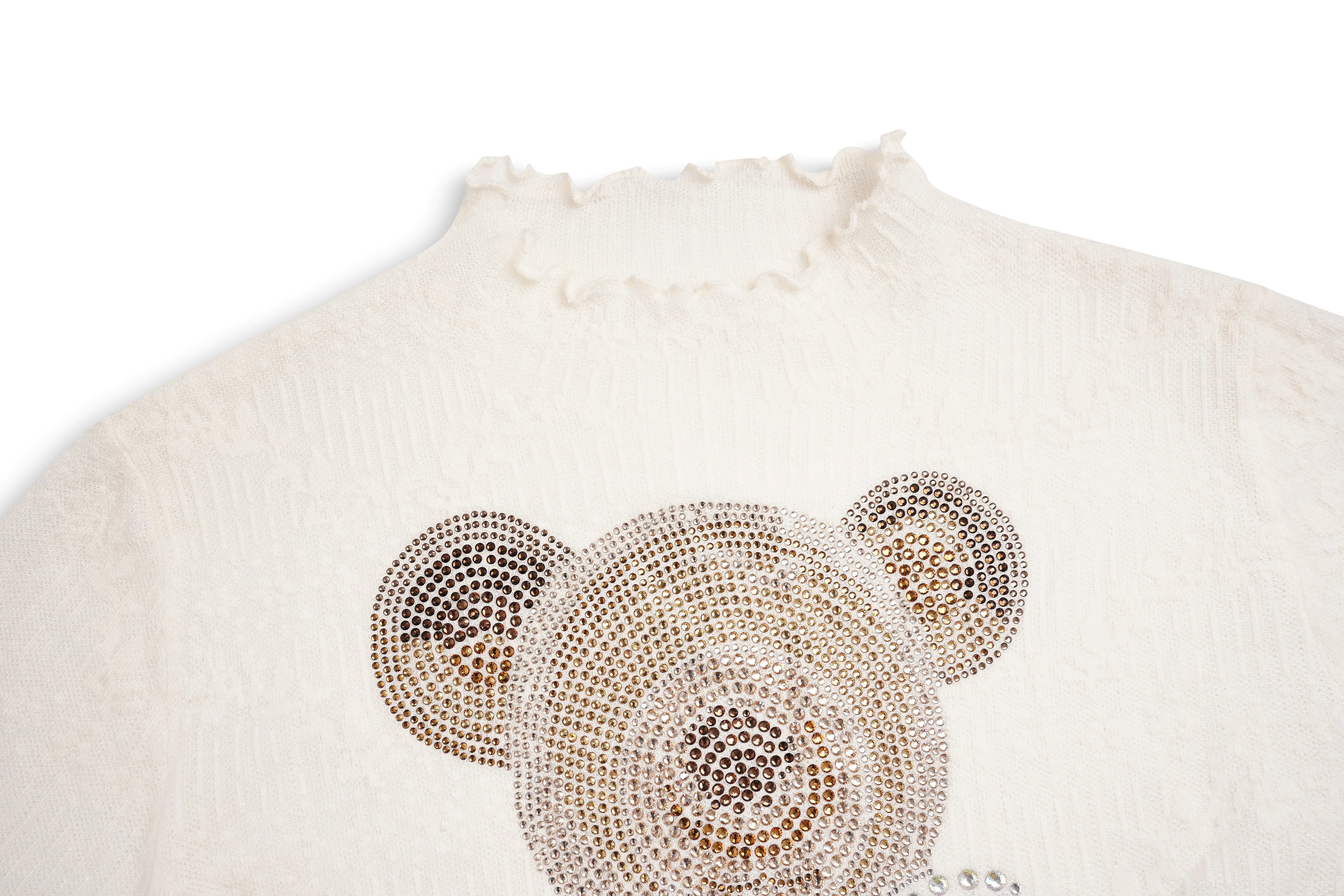TCH Rhinestone Bow Teddy Bear White Turtleneck Top - L - US