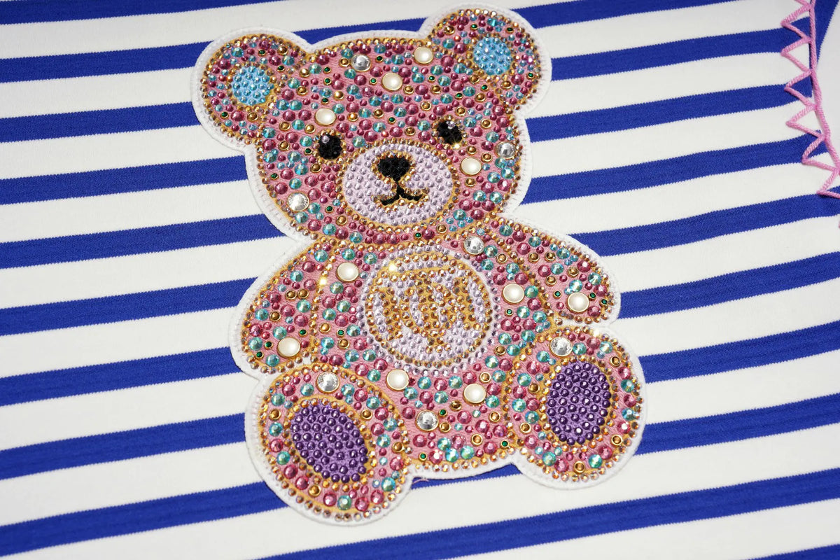 TCH Rhinestone Teddy Bear Striped Short Sleeve T-Shirt