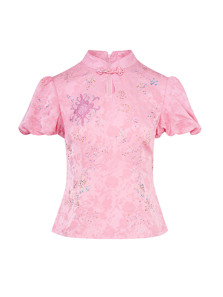TCH Rhinestone Retro Jacquard Puff Sleeve Tee