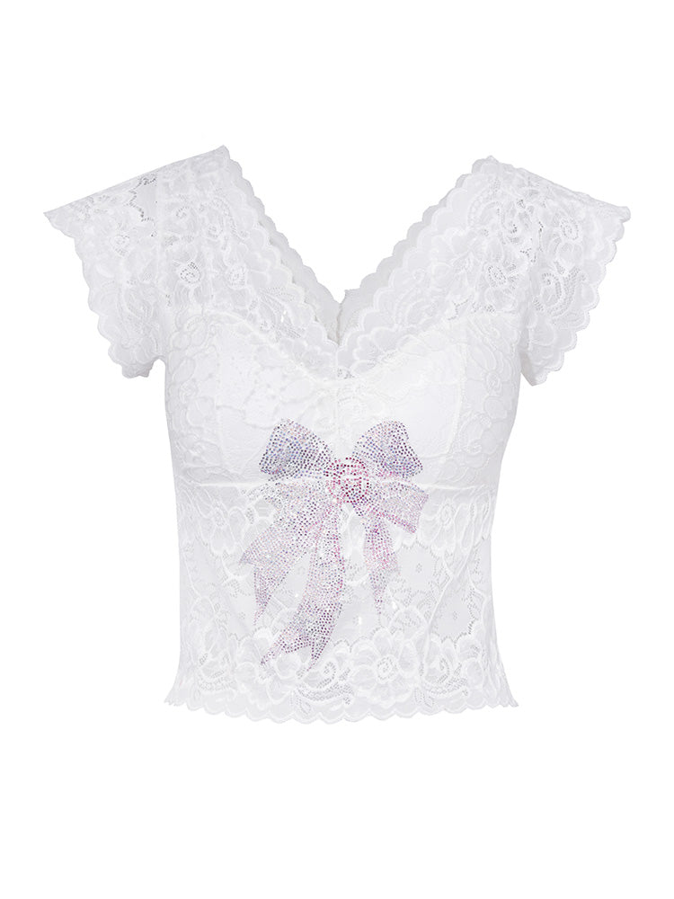 TCH Bow Rhinestone Floral Lace Padded Sexy Tee