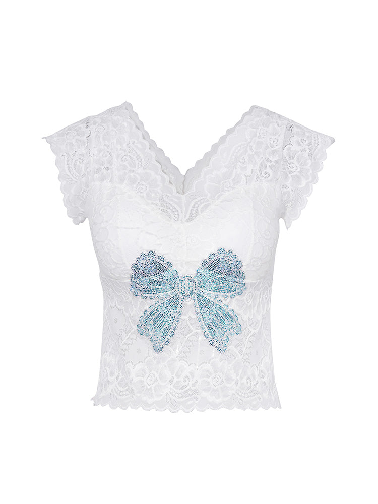 TCH Floral Lace Rhinestone Bow Padded Sexy Top