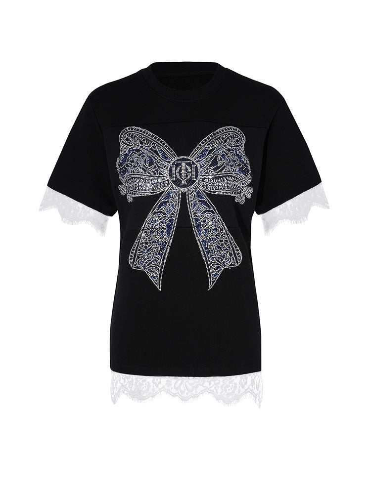 TCH  Bow Rhinestone Lace Contrast Blouse