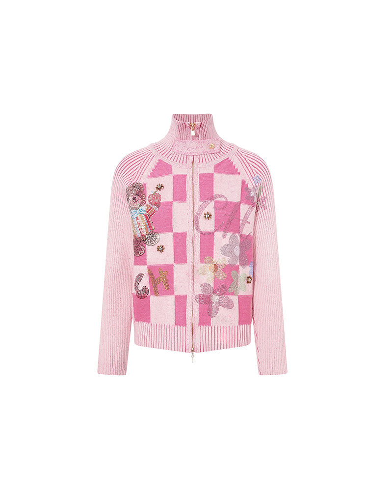 TCH Plaid Rhinestone Graphic Zip-Up Knit Cardigan