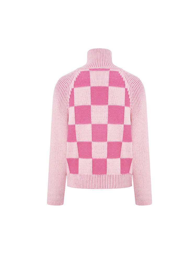 TCH Plaid Rhinestone Graphic Zip-Up Knit Cardigan