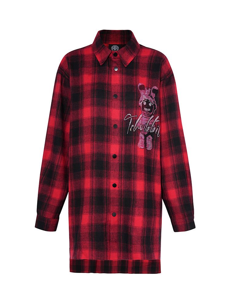 TCH Plaid Graphic Rhinestone Overzied Shirt