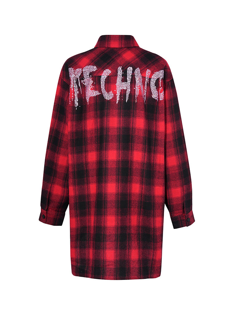 TCH Plaid Graphic Rhinestone Overzied Shirt
