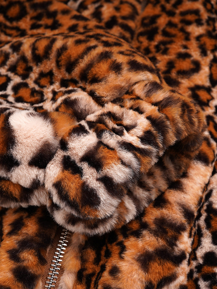 TCH Rhinestone Graphic Faux Fur Leopard Hoodie Coat