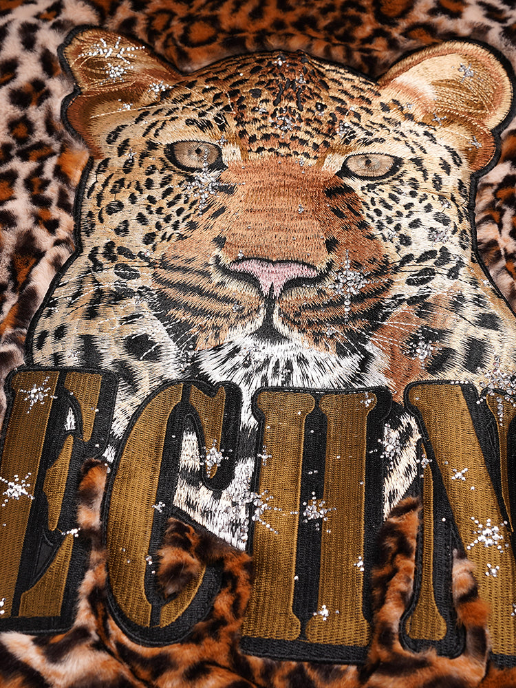 TCH Rhinestone Graphic Faux Fur Leopard Hoodie Coat