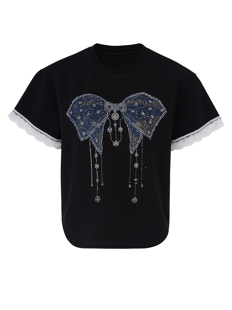 TCH Cute Bow Rhinestone Lace Sleeve T-Shirt