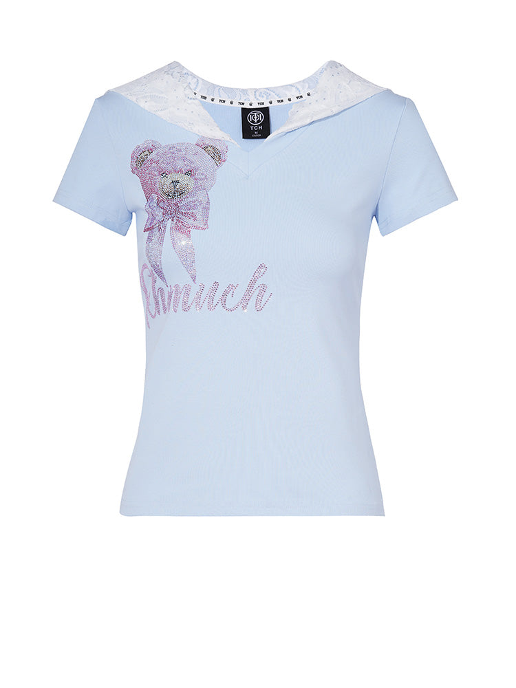 TCH Teddy Bear Rhinestone Lace Contrast Tee