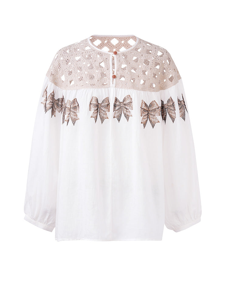 TCH Rhinestone Bow Floral Hollow Lace Blouse