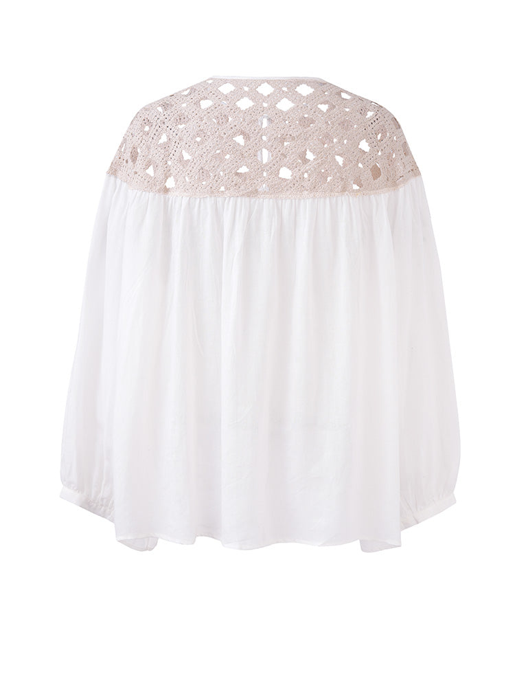 TCH Rhinestone Bow Floral Hollow Lace Blouse