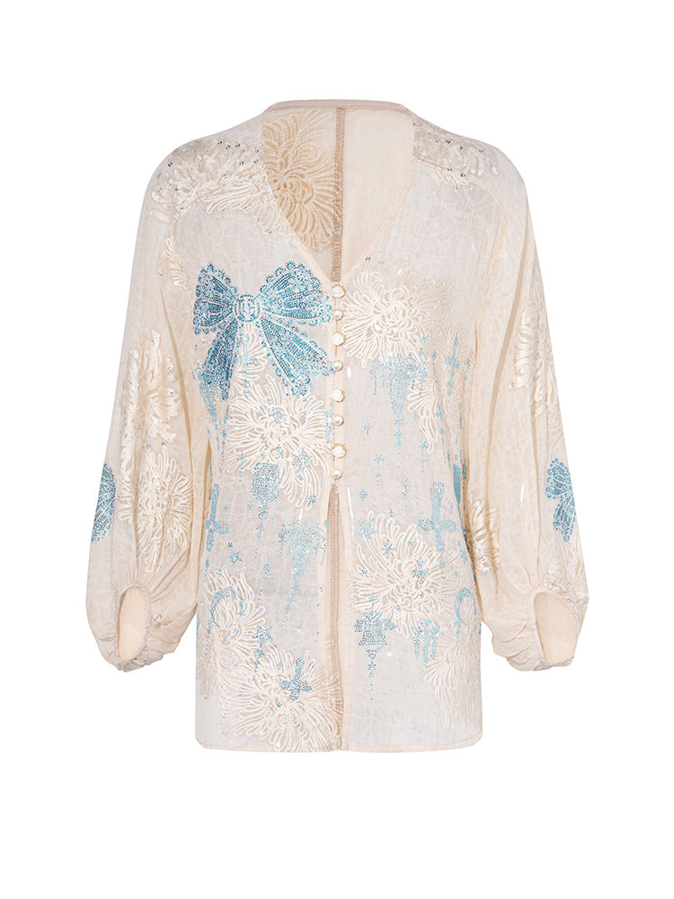 TCH Floral Lace Rhinestone Bow Slip Sparkle Top