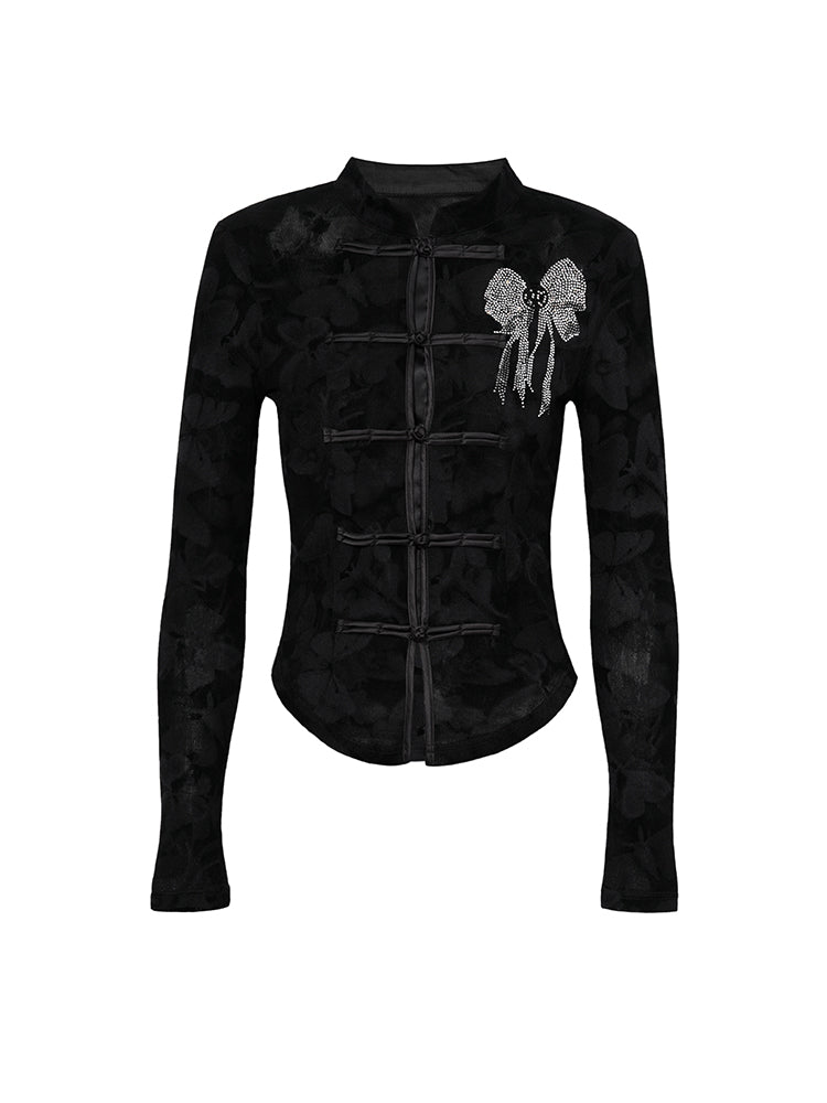 TCH Rhinestone Bow Floral Embroidery Sexy Blouse