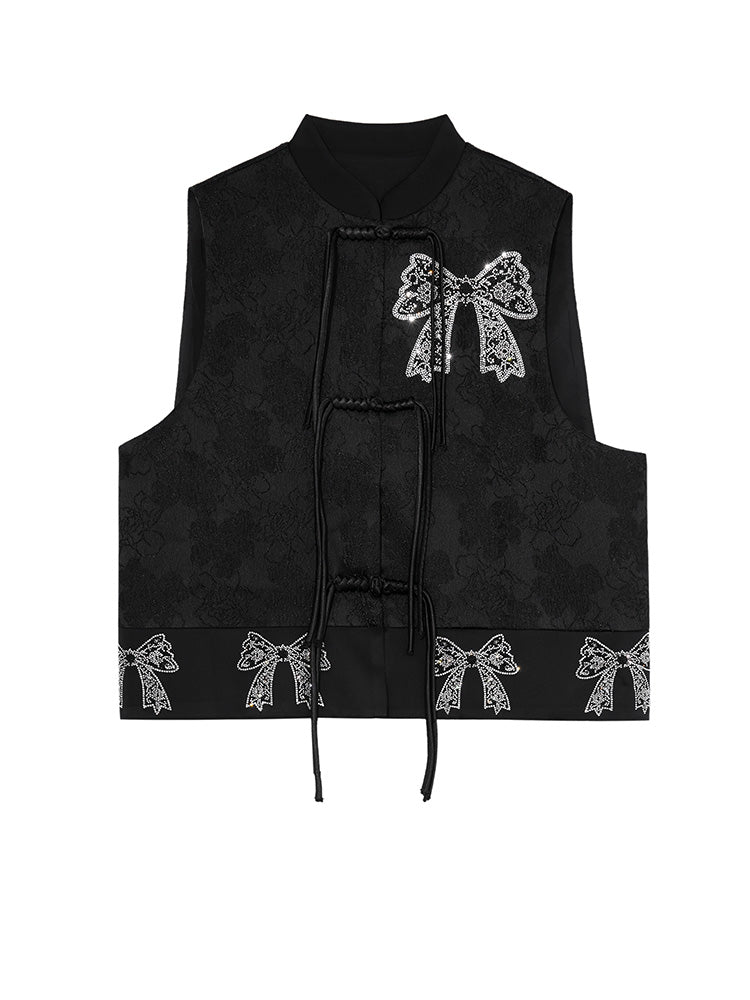 TCH Retro Bow Rhinestone Button Floral Vest