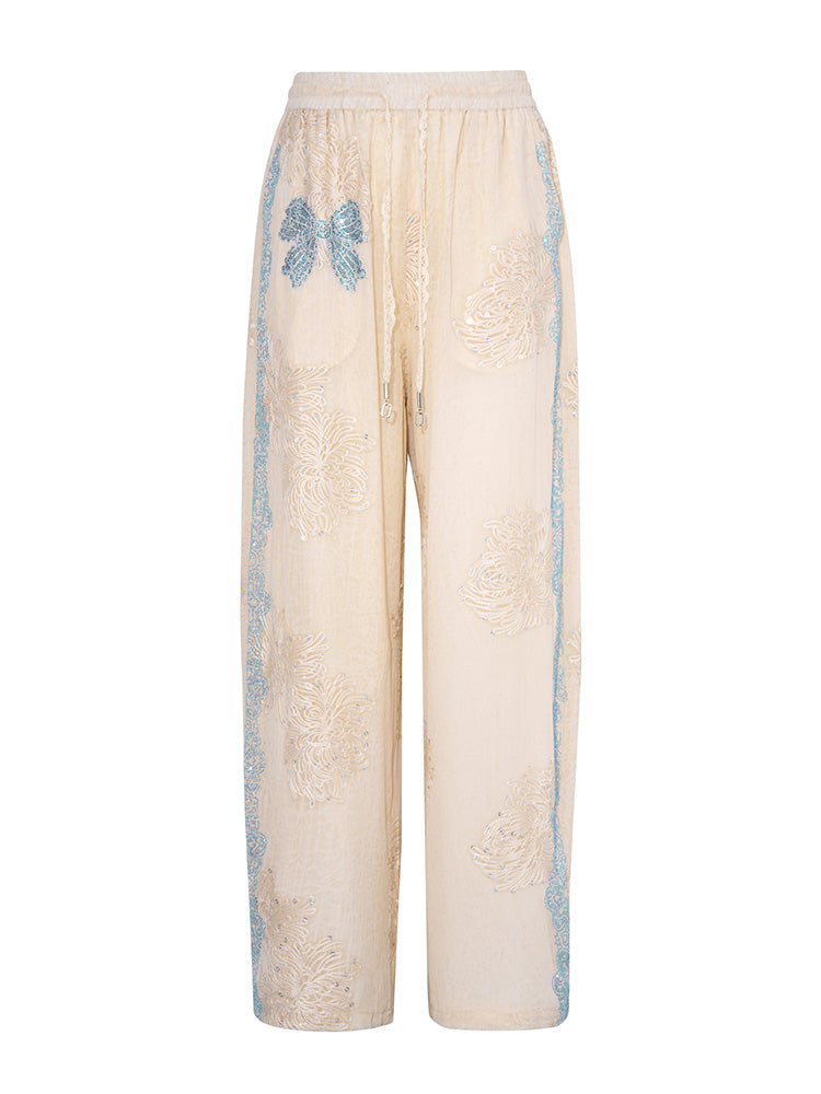 TCH Rhinestone Bow Floral Lace Palazzo Pants