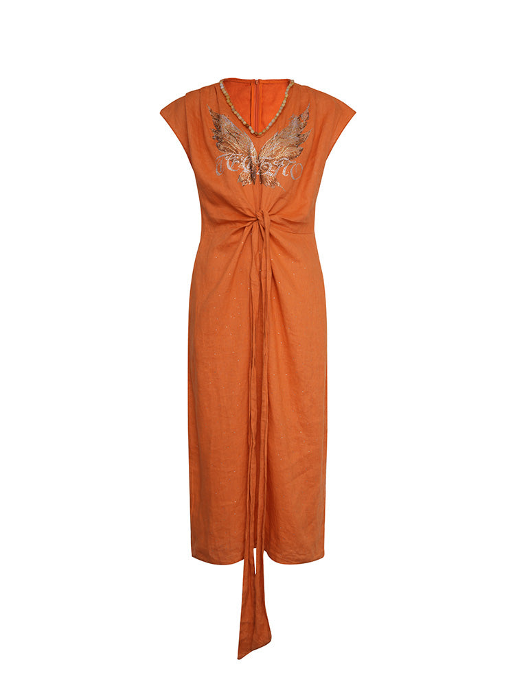 TCH Graphic Rhinestone Bead V Neck Sleeveless Split Dress