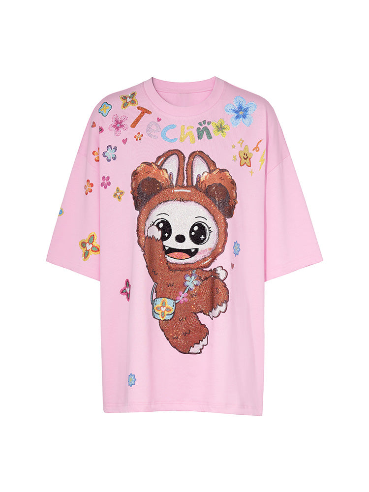 TCH Labubu Rhinestone Pink Bow Oversized Tee