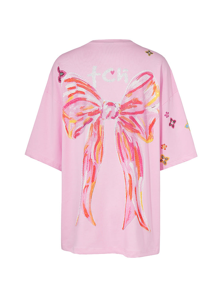 TCH Labubu Rhinestone Pink Bow Oversized Tee