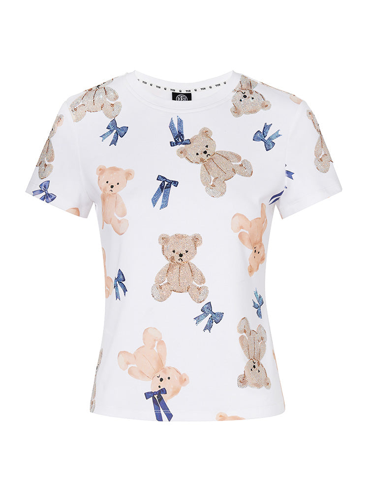 TCH Allover Teddy Bear Rhinestone Tee with White