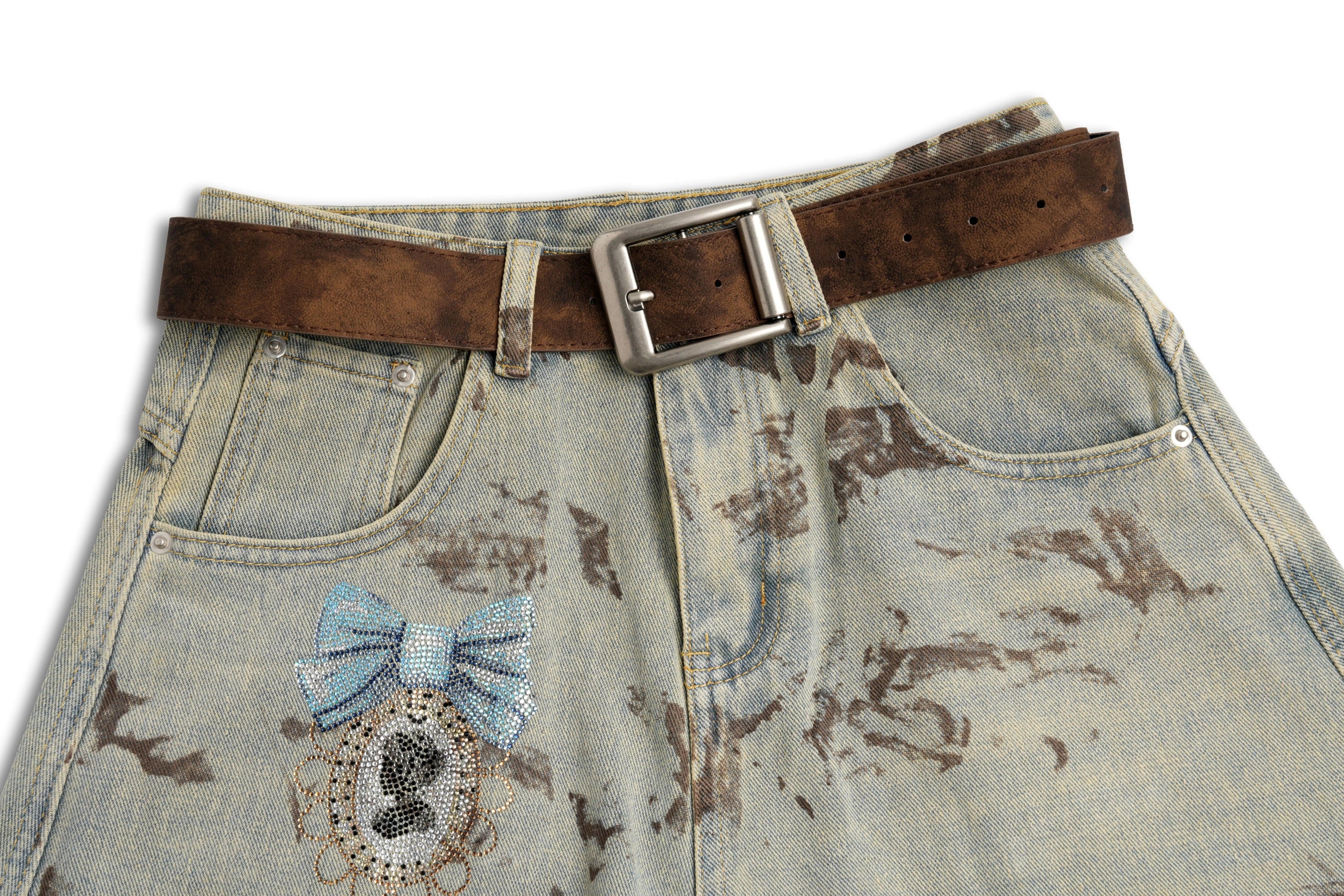 TCH Marble Mirage Rhinestone Mirror Wide-Leg Jeans - M - US