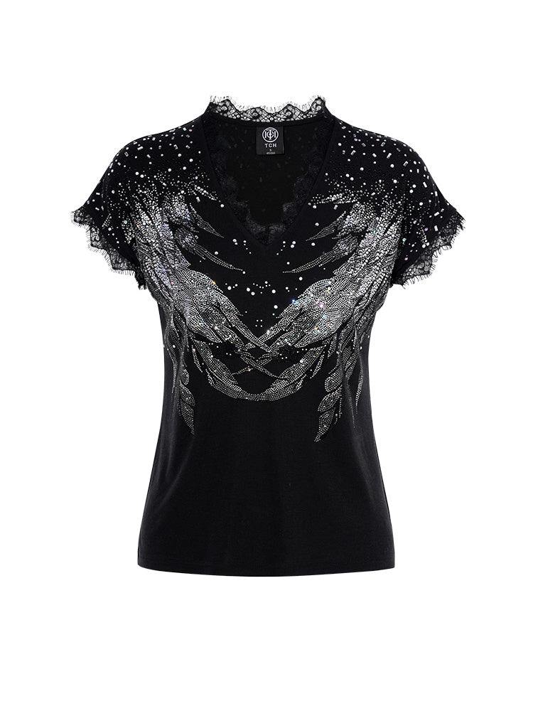 TCH Prasale Crystal-Embroidered Lace Contrast Sexy Tee