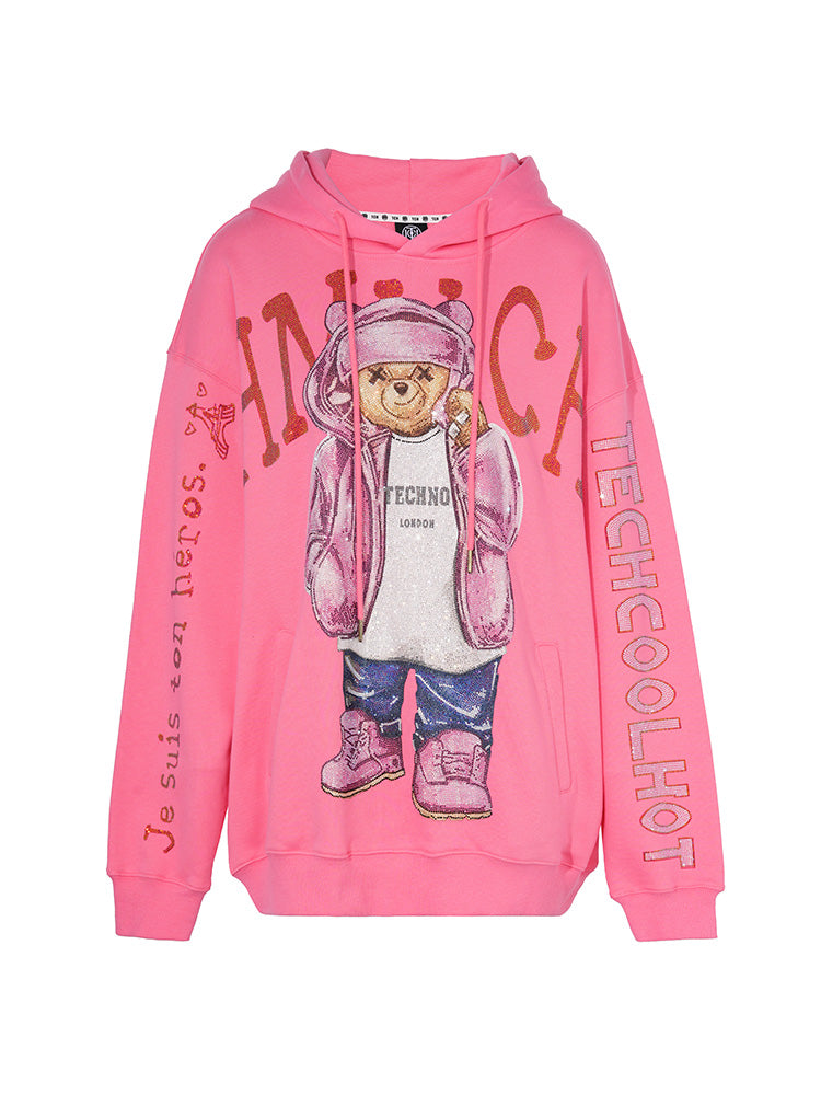 TCH Rhinestone Cool Bear Print Oversized Hoodies