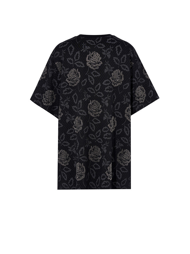 TCH Graphic Rhinestone Rose Print Fahion Tee