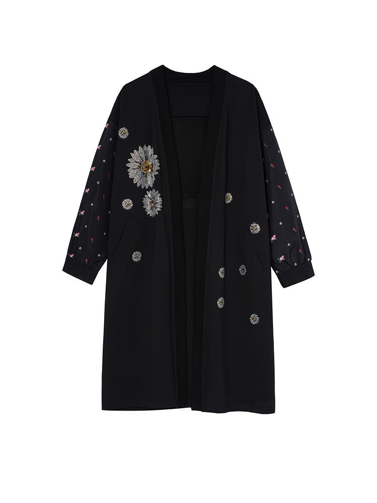 TCH Rhinestone Daisy Embroidered Wool Cardigan