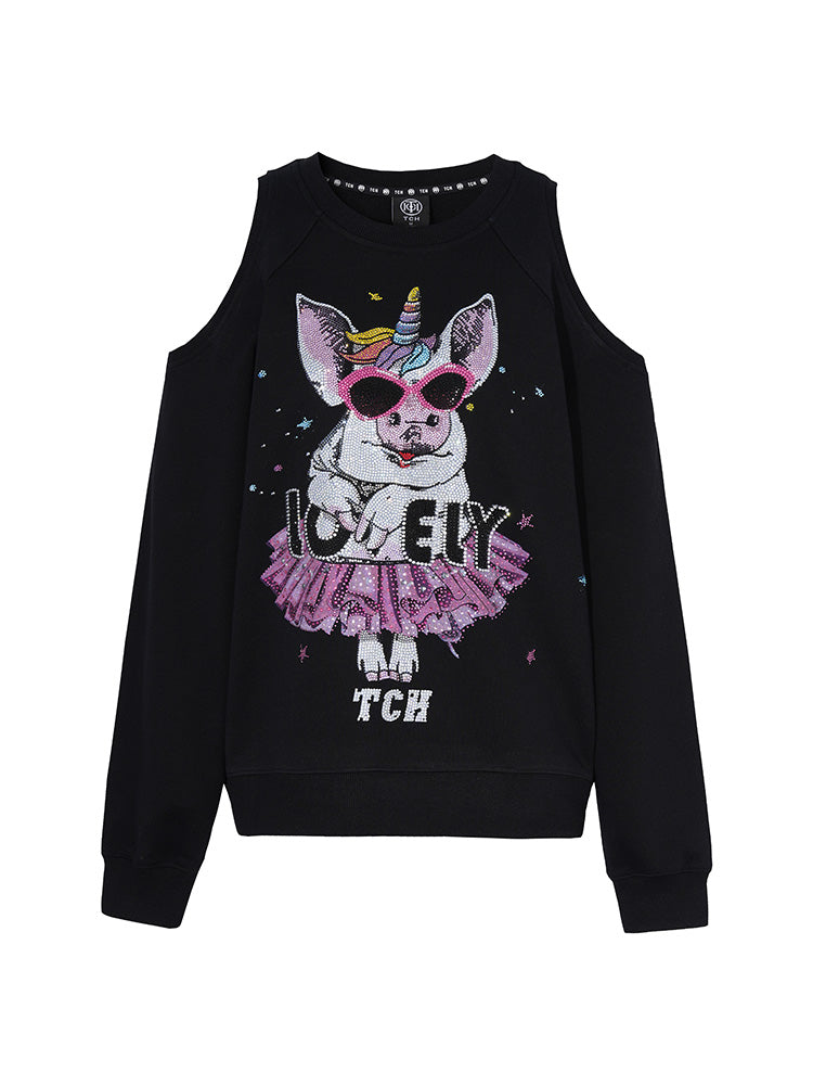 TCH Cute Graphic Rhinestone Cold-Shoulder Sweatshirt