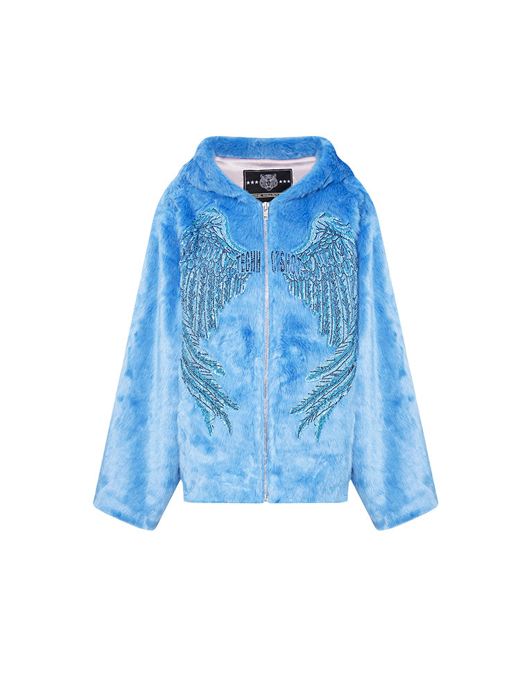 TCH  Graphic Angel Wings Rhinestone Faux Fleece Coat