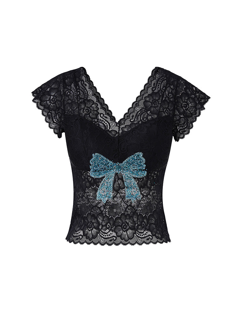 TCH Rhinestone Bow Floral Lace Sexy Top