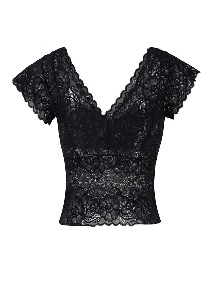 TCH Rhinestone Bow Floral Lace Slim Top