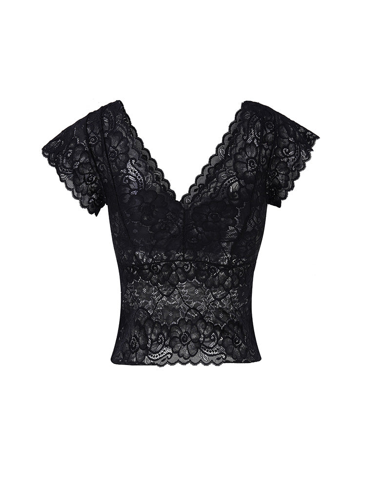 TCH Rhinestone Bow Floral Lace Sexy Top