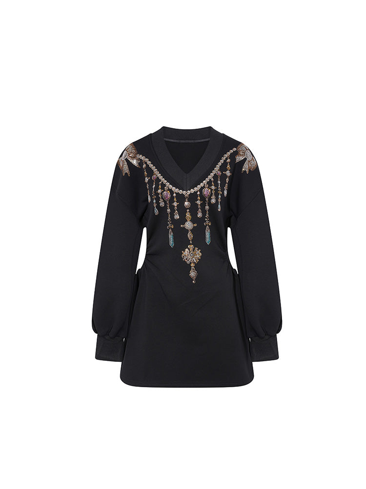 TCH Rhinestone Necklace Print Bell Sleeve Short Dress