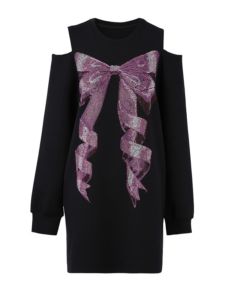 TCH Bow Rhinestone Off-Shoulder Sweater Dress