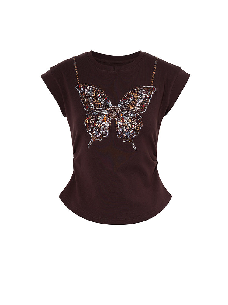 TCH Presale Butterfly Rhinestone Ruched Waist  Crop Top