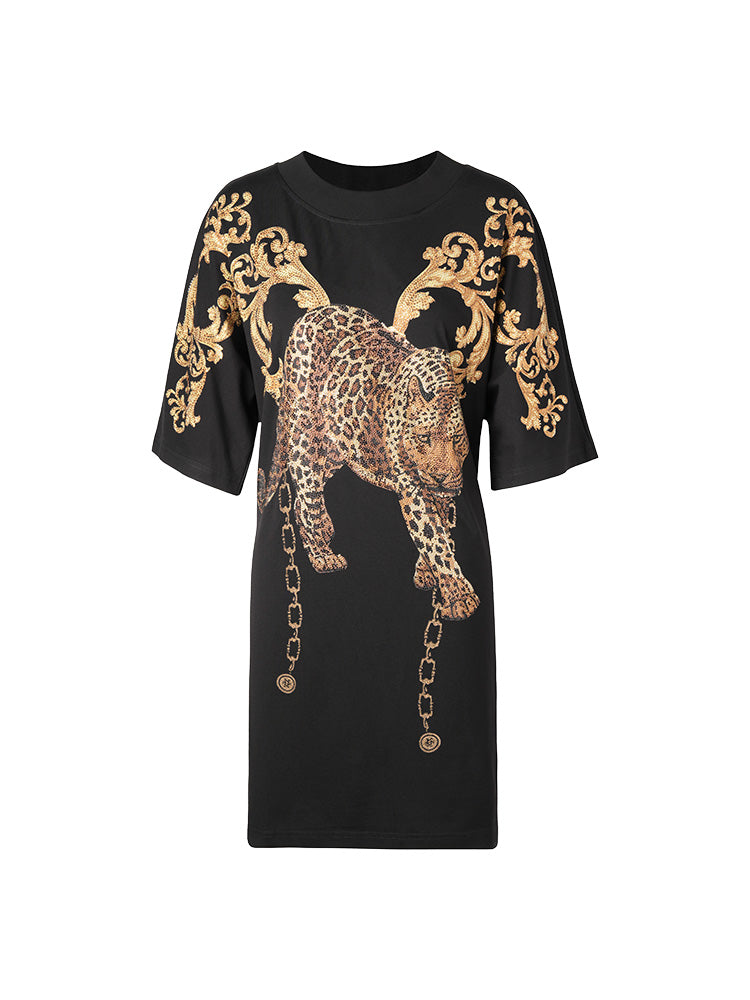 TCH Rhinestone Leopard Baroque Print T Shirt Dress