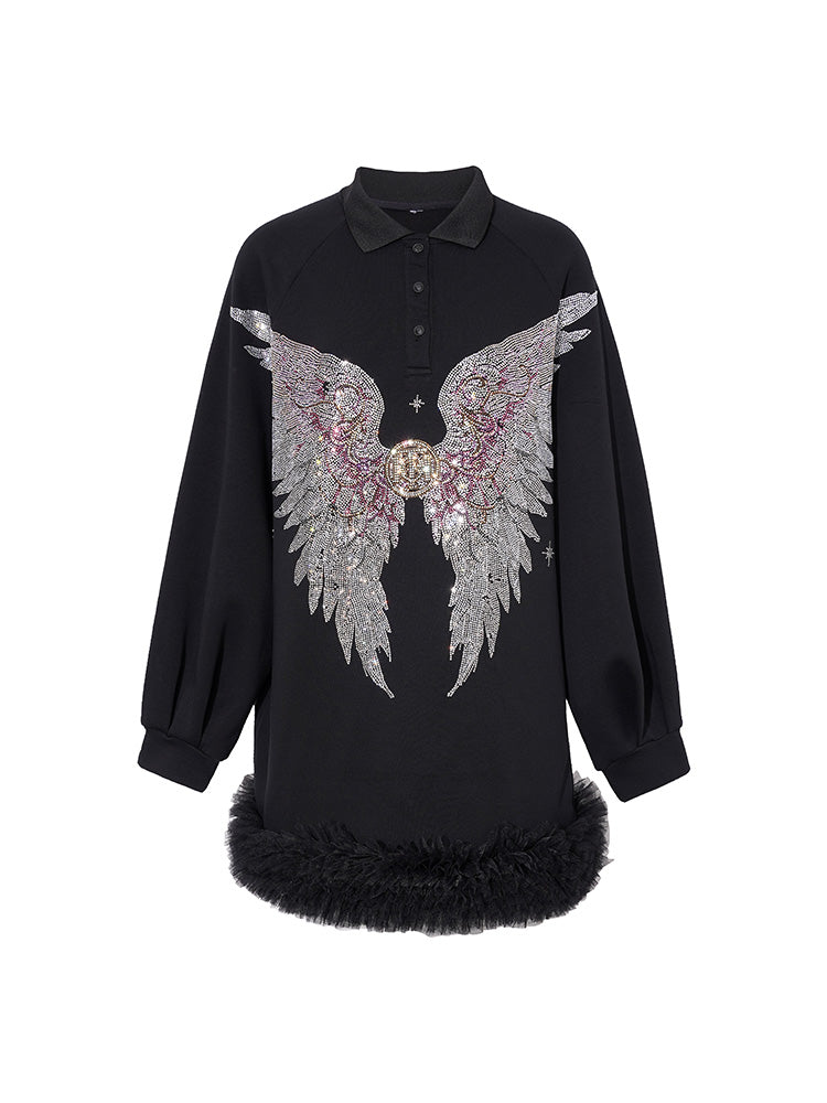 TCH Rhinestone Angel Wings Polo Sweatshirt Dress