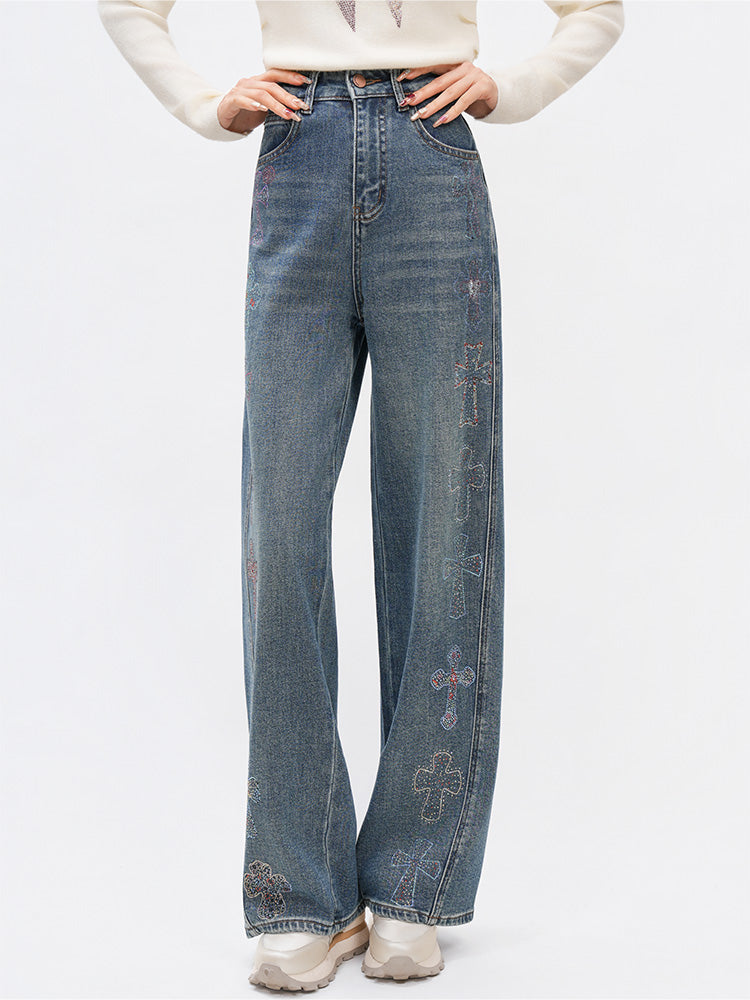 TCH Cross Rhinestone Wide-Leg Denim Pants