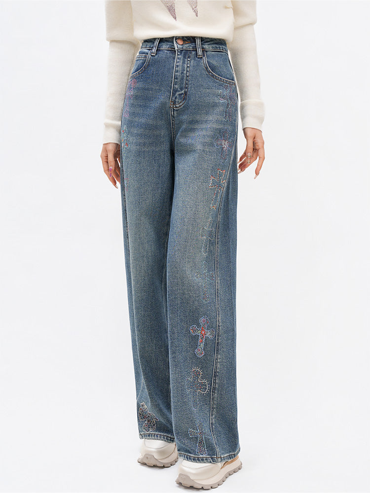 TCH Cross Rhinestone Wide-Leg Denim Pants