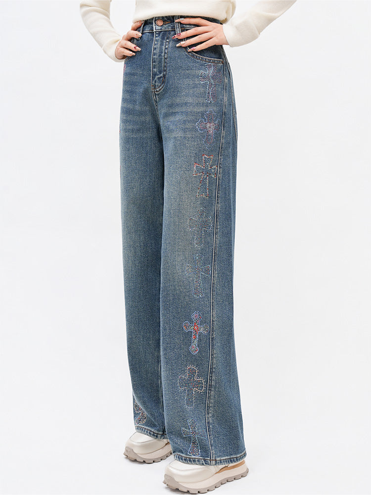 TCH Cross Rhinestone Wide-Leg Denim Pants