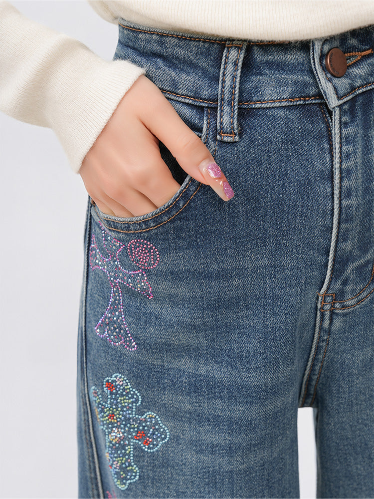 TCH Cross Rhinestone Wide-Leg Denim Pants