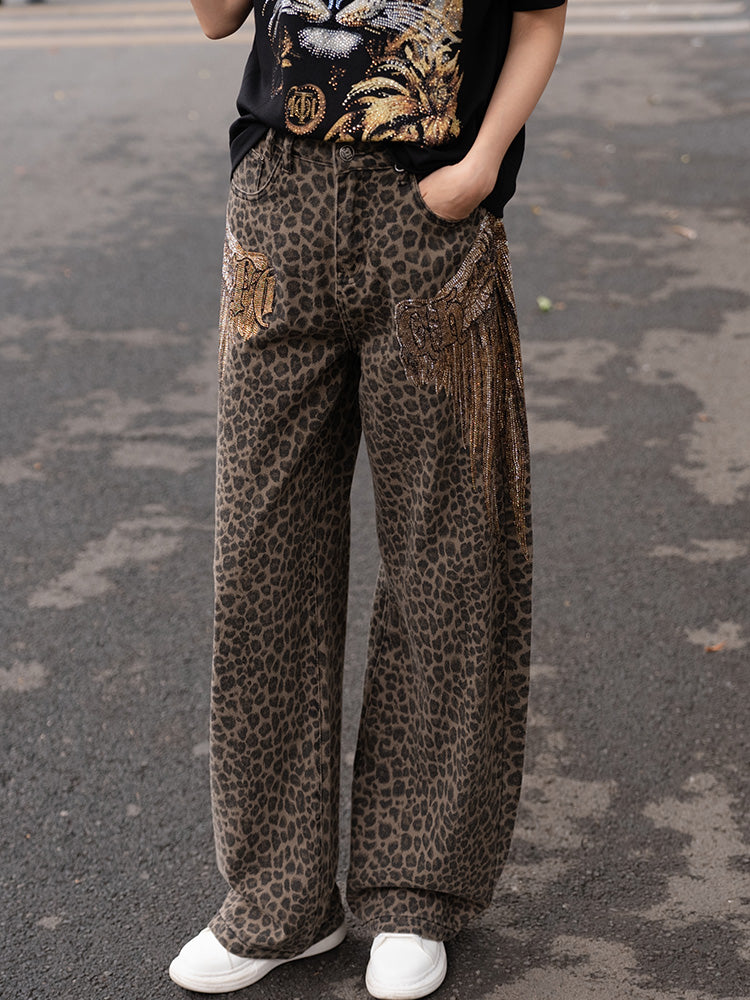 TCH Leopard Print Rhinestone Wings Pants for Spring